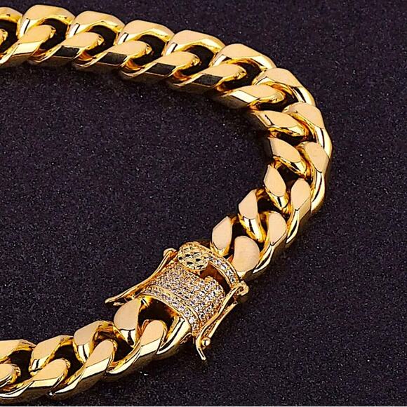 Gold Chain Link Bracelet, Cuban, Rhinestone Closure - Picture 3 of 8